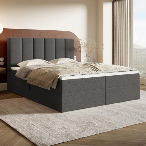 MOTIVENA Santiago Boxspringbett 180x200 Grau Boucle, mit Taschenfederkern-Matratze (H3), mit T28 Komfortschaumstoff Topper (H3), Boxspringbett 180x200 mit Bettkasten Grau (Anthrazit)