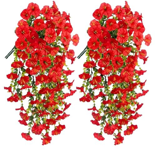 DBALL 4 Stück Künstliche Hängepflanzen Morning Glory Künstliche Pflanzen Hängend Morning Glory Kleiderbügel Rot Plastikblumen für Outdoor Wohnkultur Garten (Länge 76 cm)