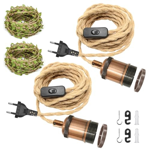 2 Pares Portalámparas cuerda de cáñamo con Interruptor, Lámpara colgante Con de Interruptor y Enchufe Color de champán, 5M Cables de cuerda de cáñamo Cordón decorativo de hojas verdes de 5 m