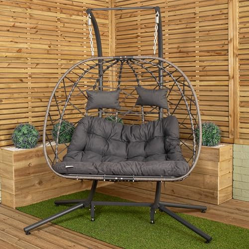Samuel ALEXANDER 2 Seater Hanging Garden Rattan Egg Chair with Steel Frame Outdoor Swing Folding Cocoon Chair Rattan Garden Furniture Conservatory Furniture and Waterproof Cover in Grey