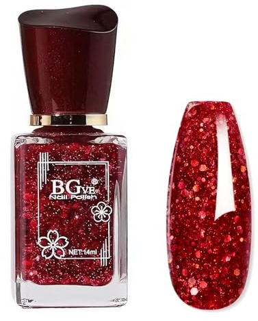 Red Glitter Nail Polish, Burgundy Sparkling Quick Dry Nail Varnish, High Glossy Wine Red Shimmer Holographic Nail Paint Gel, Long Lasting for DIY Nail Art Manicure Home - No Need UV/LED Lamp 14ml
