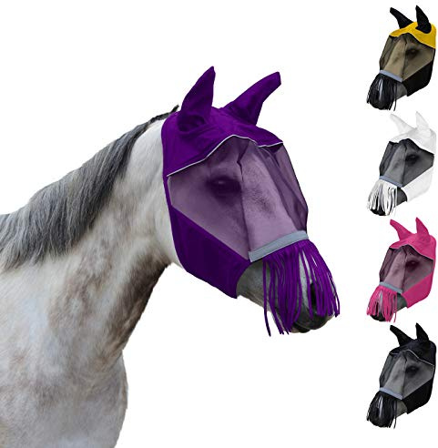 Derby Originals Maschera antizanzare riflettente per cavalli, con orecchie e frange nasali, colore: viola