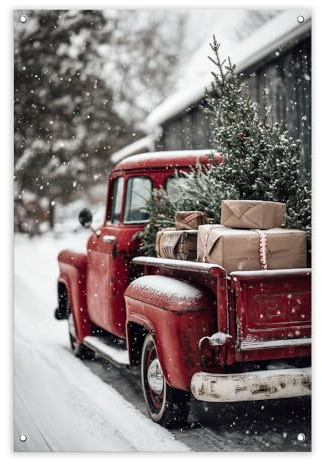 artissimo Garten-Poster 90x60cm PE6777-GP wetterfestes Outdoor-Poster, Weihnachtsbild Retro Christmas Truck Vintage, festliche Wanddeko für draußen