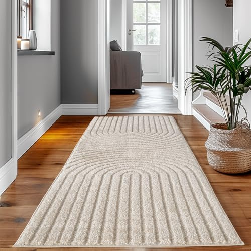SIMPEX Teppich Läufer 80x150 cm Creme Hochflor Skandi Boho Design Hoch-Tief Effekt Weicher Shaggy Langflor Flauschig Robust Pflegeleicht Modern für Schlafzimmer, Flur