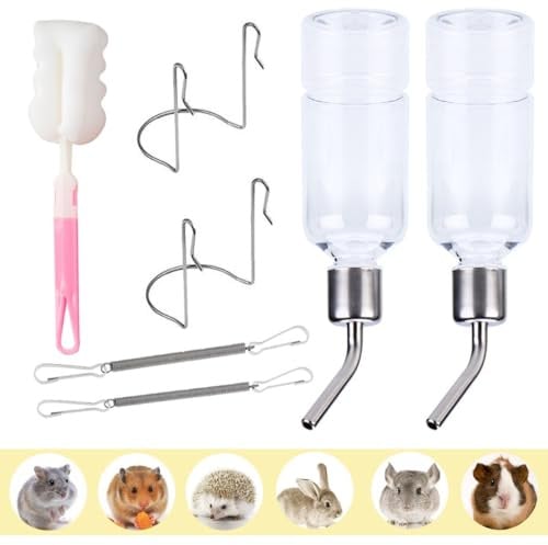 DEXYZZY Hängende Haustiere Wasserflaschen, Hamster Meerschweinchen Plastiktrinkflasche, Kaninchen Trinkflasche mit Kugelventil, Keine Tropf Haustiere Wasserflaschen, 2 Stück 350ml +1Reinigungsbürste