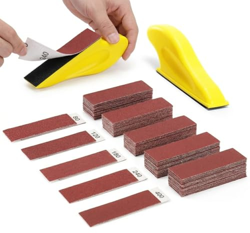 MANICAF 50 Stück Klett Schleifpapier Set 80–400 mit Handschleifklotz | Schleifblätter in Körnung 80/120/180/240/400, für Holz, Metall und Lack, zum Trocken- und Nassschleifen Sowie Polieren