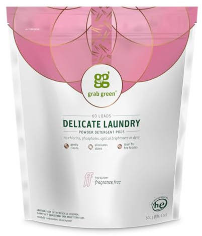 Grab Green Delicate Laundry Detergent Pods, 60 Count, Fragrance Free, Plant and Mineral Based, Gently Cleans, Eliminates Stains, Ideal for Fine Fabrics, Packaging may vary