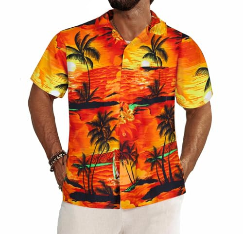 REDSTAR Mens Hawaiian Shirt Short Sleeve STAG Beach Holiday Aloha Summer Fancy Dress Hawaii (Medium, Orange)