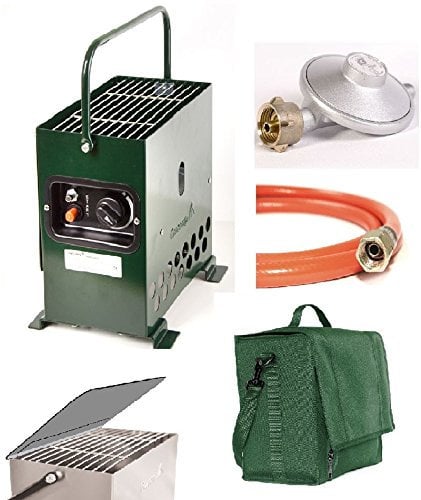 Gazcamp Heatbox 2000 grün 50 mbar Komplettset *Tasche grün/Abstrahlblech/Regler/Schlauch* Zeltheizung Campingheizung Anglerheizung Jadgheizung