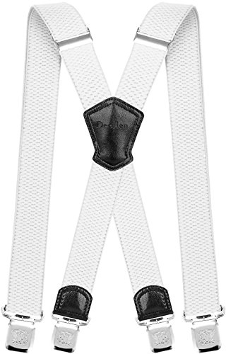 Decalen Mens Braces with Very Strong Metal Clips Wide 4 cm 1.5 inch Heavy Duty Suspenders One Size Fits All Men and Women Adjustable and Elastic X Form (White)