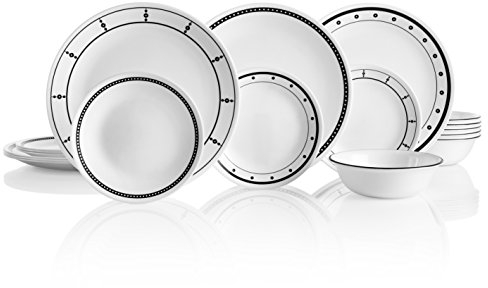 Corelle Vajilla de 18 piezas, servicio blanco y negro para 6, vajilla resistente a las astillas, incluye platos llanos de 26 cm, platos de ensalada de 17 cm y cuencos de sopa y cereales de 530 ml