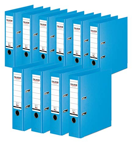 Original Falken 10er Pack Chromocolor Premium-Ordner. Made in Germany. Kunststoffbezug außen und innen 8 cm breit DIN A4 Pastell-Farbe hellblau Ringordner Aktenordner Briefordner Büroordner
