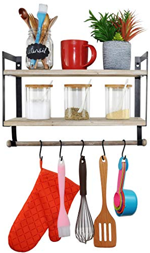 Spiretro - Étagères flottantes 2 niveaux, équerre métal, bois rustique tordu, barre porte-serviettes amovible, crochets en S pour organisation (cuisine, études, salle de bains), gris