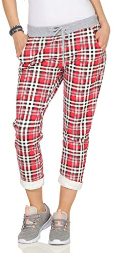 CLEOSTYLE Damen Jogginhose im Boyfriend-Style Sweatpants für Freizeit Sport und Fitness 9-2 (Karo/Rot Weiß)