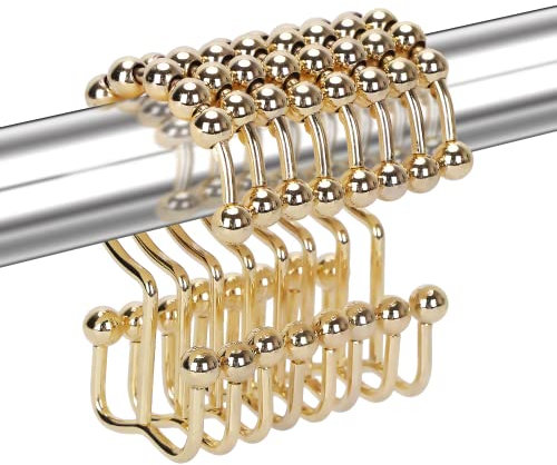 Yapicoco Shower Curtain Hooks Rings for Bathroom, 12PCS Stainless Steel Metal Rust Resistant Balance Sliding Double Hooks Shower Curtain Rings for Shower Curtains, Clothing, etc.(Gold)