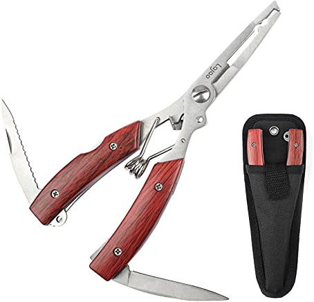 LaJao Fishing Pliers Scissors Curved Forceps Fish Lip Gripper with Hook Remover Split Ring Line Cutter Multi Tools Fishing Accessories Tackle Kit with Sheath Ideal for Flesh and Sea Fishing
