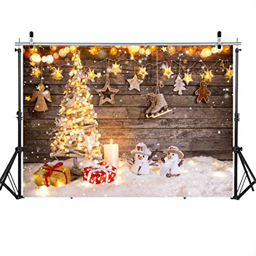 LYWYGG 7x5FT Weihnachts-Hintergrund Goldener Weihnachtsbaum und Schneemann mit Holzplanken Hintergrund für Fotografie CP-207