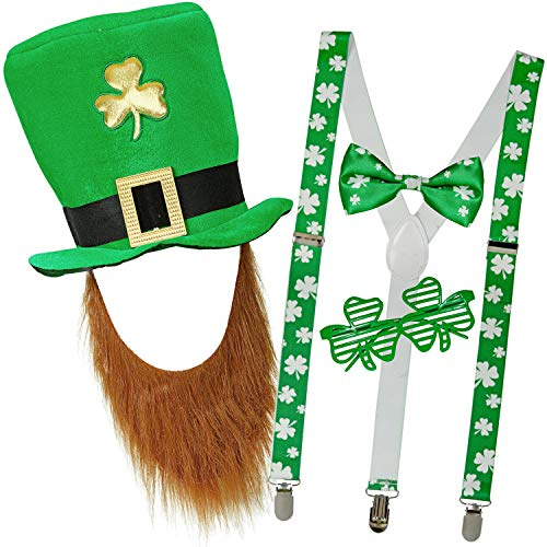 com-four® Leprechaun, Kobold Kostüme zum St. Patricks Day - Outfits und Accessoires für das grüne, irische Fest - Für Fasching, Fastnacht, Karneval, Parade, Motto-Party, Irish Pub (04-teilig - Set02)