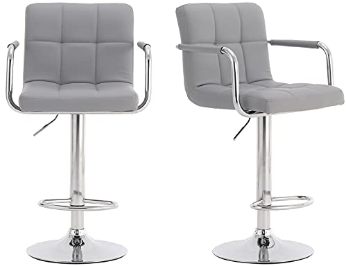 Millhouse Pair of Cuban Bar Stools with Arms & Backrest, Adjustable Swivel Gas Lift, Chrome Footrest for Breakfast Bar & Kitchen, DM717 (Silver Grey)