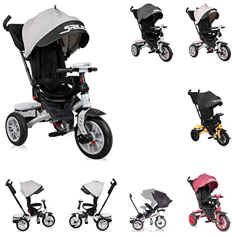 Lorelli Dreirad Speedy ab 1 Jahr mit Schubstange, Tricycle 360 drehbar, 3-Punkt-Sicherheitsgurt, Verstellbarer Elterngriff, Freilaufrad Funktion, Luftreifen, Spielzeugkorb, grau-schwarz