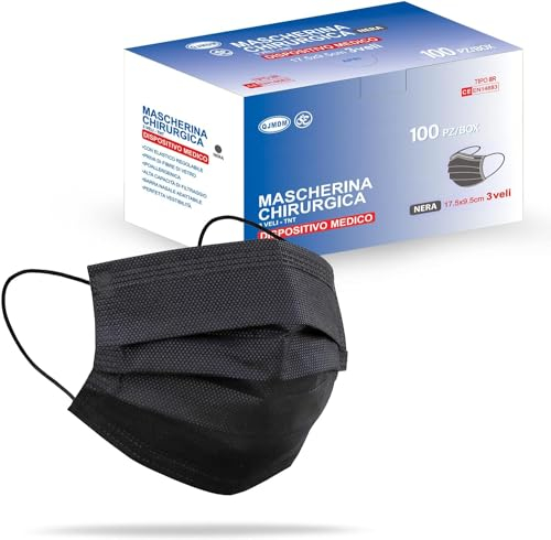 S&S Medical 100 Mascherine chirurgiche 3 veli certificate CE - Dispositivo Medico di tipo 2r + Mascherina chirurgica Gancio salve orecchie in Regalo (Adulto, Nero, 100)