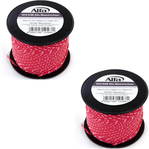 2x Alfa Maurerschnur Rot 100 m Länge Ø 2,0 mm Profi-Qualität Polypropylen rund geflochten Reißfest & Belastbar Richtschnur Bauschnur Lotschnur Pflasterschnur