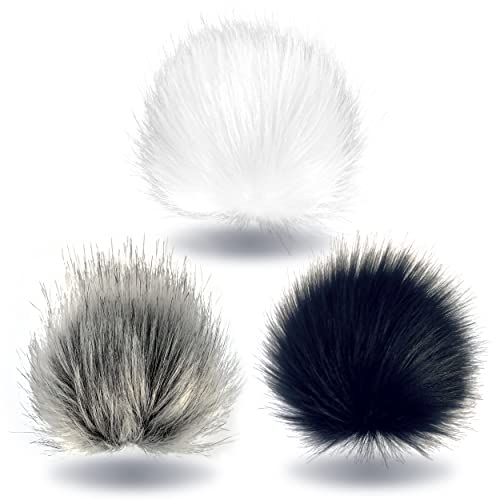Wohnkult Bommel-Set 3 x Kunstfellbommel mit Druckknopf in 4 verschiedenen Farbkombinationen Pelz Ø15-17 cm Mützen Schlüssel Anhänger Pommel Bommel (Weiß + Dunkelgrau + Metallic-Schwarzt)