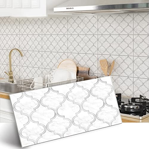 Alwayspon Vinyl-Bodenfliesenaufkleber, rutschfeste selbstklebende Rückseite, Fliesenaufkleber für Küche, Badezimmer, selbstklebend, abziehen und aufkleben, PVC weiß-graue Marmorlaterne,30x15cm,12pcs