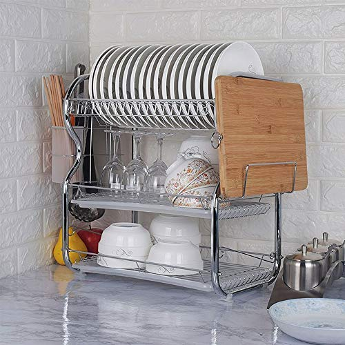 XUANYU Escurridor de Platos 3 Niveles Soporte de Cubiertos Organizador Cocina Soporte de Tabla de Cortar y Platos Escurreplatos de Cocina para Fregadero (40×25×43,5cm, Plata D)