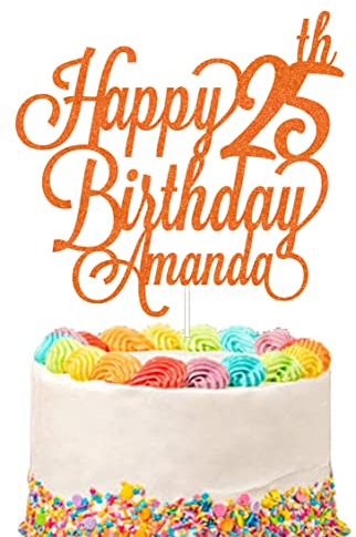 Personalised Happy Birthday Glitter Cake Topper Customised with Any Name & Any Age Party Cake Decoration for 1st 10th 13th 16th 18th 20th 21st 30th 40th 50th 60th 70th 80th (Orange)