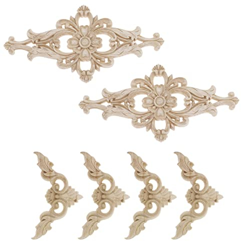 eMagTech 6 piezas de madera tallada apliques sin pintar Onlay muebles ornamento de esquina apliques largos de madera forma de flor decoración para gabinete puerta ventana espejo