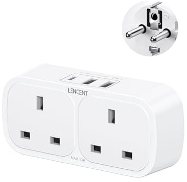 LENCENT UK to EU Euro European Plug Adapter with 1 Type C and 2 USB Ports, 2 Way Grounded Travel Adapter for Spain Germany France Portugal Greece Russia Netherlands Turkey and more(Type E/F)