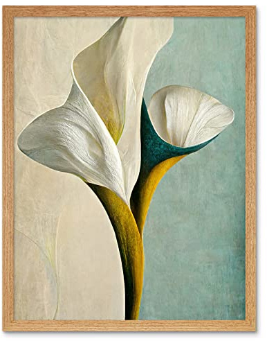 Wee Blue Coo Cala Lily Lilies Flower Abstract Minimalist Painting Duck Egg Cream Mustard Art Print Framed Poster Wall Decor 12x16 inch