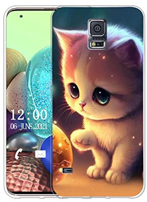 Sunrive Hülle Kompatibel mit Samsung Galaxy S5 Mini Silikon,Transparent Handyhülle Schutzhülle Etui Karikatur Muster Weiches TPU Silikon Case (Katze, Ball) MEHRWEG