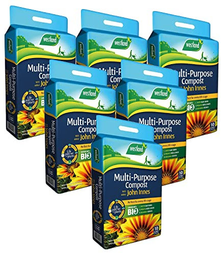Westland Multipurpose Garden Plant Compost - Peat Free Multi-Purpose Compost with John Innes 6 x 10L Garden Soil Bags for Indoor & Outdoor House Plants, Vegetable Growing. Comes with Topline Card.