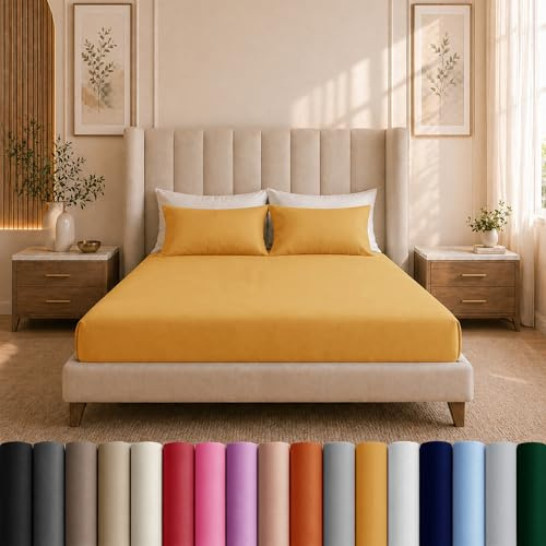 Moonlight Bedding Super King Fitted Sheet Ochre - Premium 25cm Deep Pocket Fitted Bed Sheets – Soft Brushed Microfiber & Wrinkle Free Fitted Bottom Sheet Fad Resistant Bed Sheet (180 x 200 Cm)