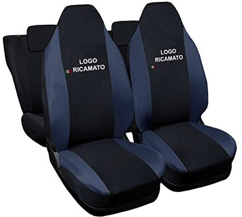 Rebeca Shop® Autositzbezüge mit gesticktem Logo kompatibel für Twingo mit geteilten Rücksitzen, 6er-Set (schwarz/blau)