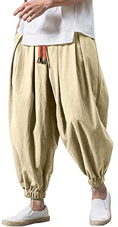 Herren Leinen Baumwolle Haremshose Einfarbige Freizeithose Herren Atmungsaktive Pumphose Stretch Verschärfen Hosenbein Pluderhose Leichte Elastisches Sport Jogginghose A-Khaki L