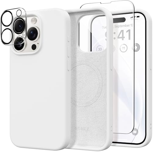 GONEZ for iPhone 15 Pro Max Case Silicone, Compatible with Magsafe, Camera Protector + Screen Protector, Soft Anti-Scratch Microfiber Lining, Liquid Silicone Shockproof Phone Cover, White