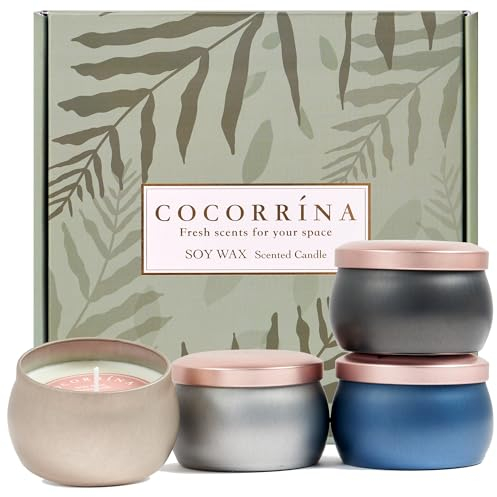 Cocorrína Duftkerzen Set - 4 Stück x 110g (Clear Air/Clean Linen/Ocean Breeze/Black Forest) Natürliches Sojawachs, Aromatherapie Kerzen Geschenke für Männer Frauen