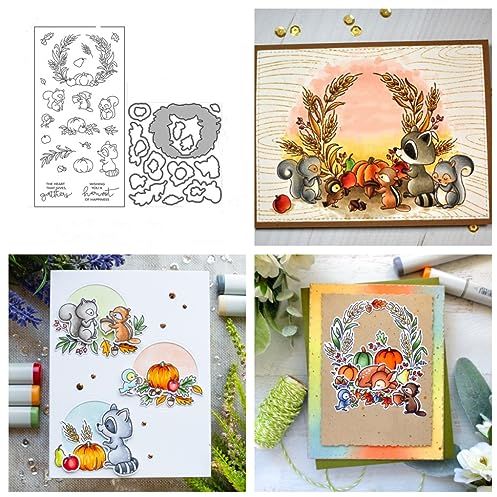 Sredwtk Blumenkranz Tiere Herbst Stanzschablonen und Stempelset,Stempel und Stanzen Set,Silikonstempel und Stanzen Set,Clear Stamp und Stanzschablone Für DIY Scrapbooking Fotoalbum Dekor Karten