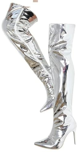 Taglie Forti Quotidiane Stivali sopra Il Ginocchio Stivali Alti alla Coscia Stivali Lunghi da Donna Stivali Metallici Stivali Tacco A Spillo Camminata Cerniera in PU,Argento,42
