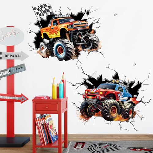decalmile Wandtattoo 2 Stück 3D Autos Wandaufkleber Rennwagen Lastkraftwagen Junge Wandsticker Kinderzimmer Babyzimmer Spielzimmer Wanddeko