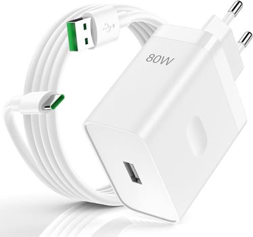 80W Caricatore Rapido con Cavo USB C 1M SUPER VOOC Charge per OPPO Find X5 X3/2Neo/Reno12 11 F 10 8 Pro,Caricatore Rapido Charge VOOC con Cavo USB Type-C per OnePlus 13 12R 11 Pro Nord 2T CE 4 3 Lite