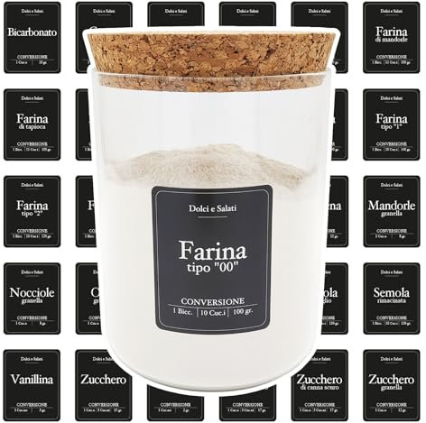 Febio Etichette Adesive per Barattoli Dolci e Salati Nere in Italiano, Impermeabili, Lavabili, con tabella di conversione/etichette cucina, barattoli sale zucchero caffè, porta sale zucchero caffè
