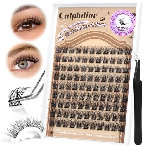 Calphdiar Self Adhesive Eyelashes Reusable Self Adhesive Cluster Lashes Kit Natural Self Adhesive Lashes No Glue Individual Eyelashes C Curl Press on Lash Clusters 10-14MM DIY Eyelash Extensions
