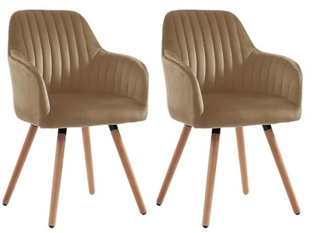 Vente-unique - Lot de 2 chaises avec accoudoirs en Velours et Pieds Bois de hêtre - Beige - Eleana - Salle à Manger - Scandinave