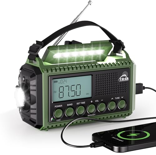 AM/FM/SW Kurbelradio mit 12000mAh Akku Wiederaufladbare, Tragbare Camping Radio mit Taschenlampe & Leselicht, Notfallradio Typ C Anschluss, SOS-Alarm Dynamo Radio für Wandern, Outdoor