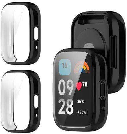 YealRed Funda [2 Piezas] para Xiaomi Redmi Watch 3 Active con Protectora Película, Protección Completa Carcasa para, TPU Flexible Antirrayas Protectora para Xiaomi Redmi Watch 3 Active (Negro+Negro)
