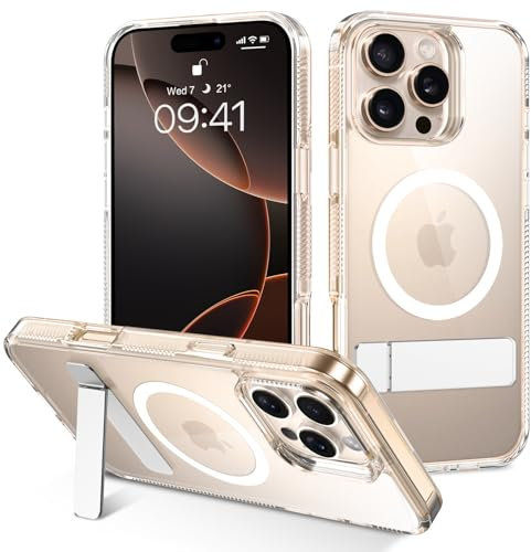 GUAGUA Transparent Magnetic for iPhone 16 Pro Max Case [Fit for MagSafe] [Bulit-in Kickstand] [Military Grade Protection] Slim Shockproof Protective Phone Cover for iPhone 16 Pro Max, Clear
